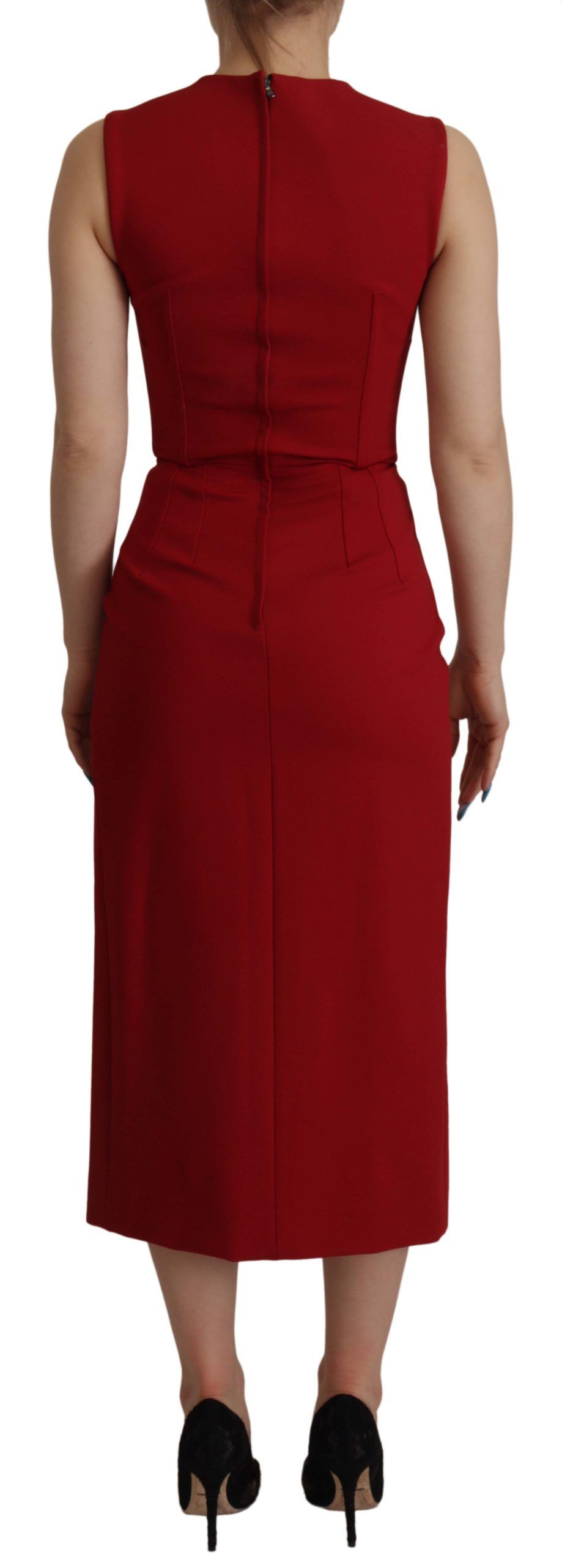 Red Sweetheart Neck Bodycon Midi Dress by Dolce & Gabbana, fitted dress with a sweetheart neckline and elegant midi length.