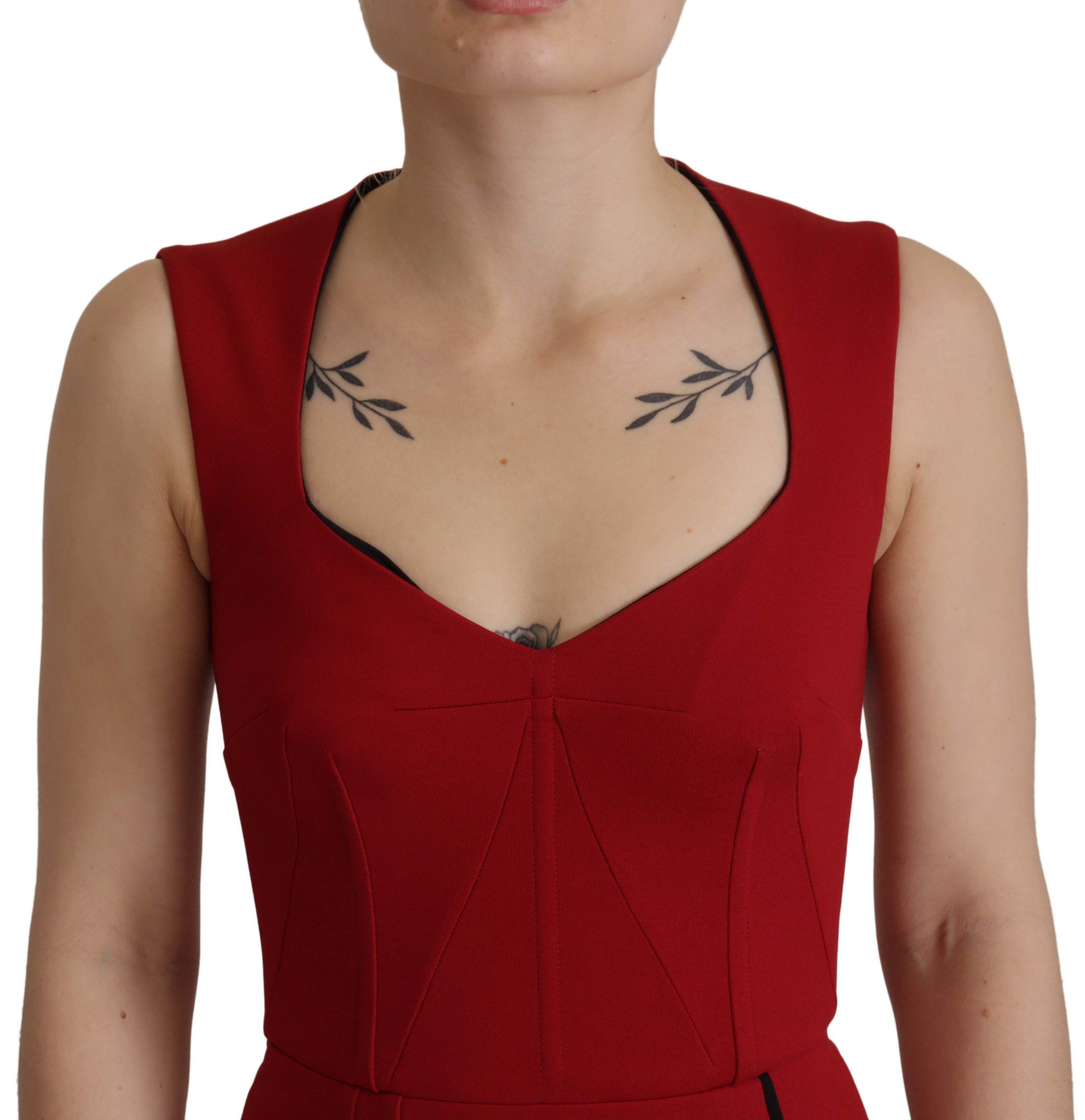 Red Sweetheart Neck Bodycon Midi Dress by Dolce & Gabbana, form-fitting dress with a sweetheart neckline and midi length.