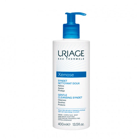Uriage Xemose Syndet 400ml gentle cleansing soap in a white bottle with blue label, designed for sensitive skin.