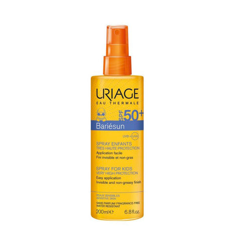 Uriage Bariesun SPF50+ children’s spray bottle, 200ml, with sun protection label and spray nozzle for easy application.