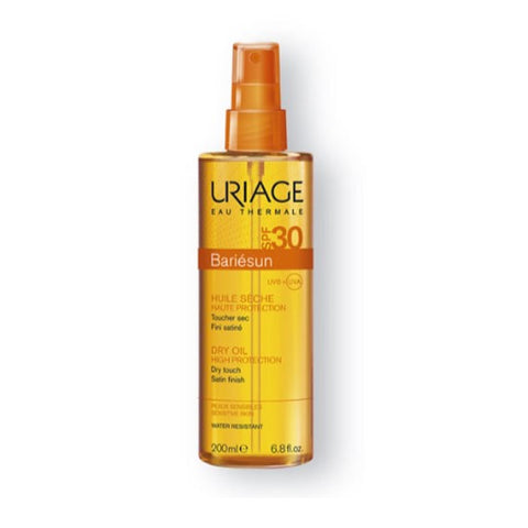 Uriage Bariésun Dry Oil SPF 30 in 200ml bottle, with smooth texture and golden color, suitable for sun protection and skincare.