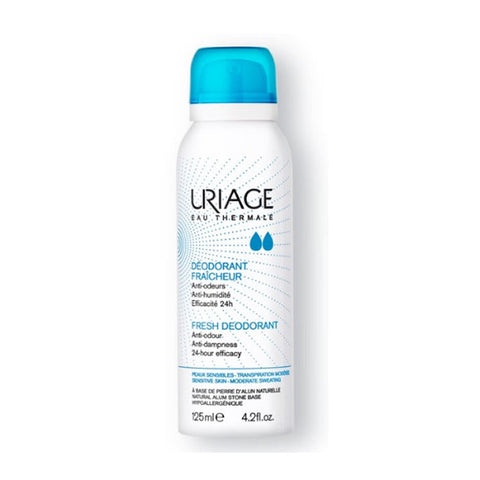 Uriage Eau Thermale Refreshing Deodorant 125ml bottle with a white cap and blue label, designed for daily freshness and odor control.