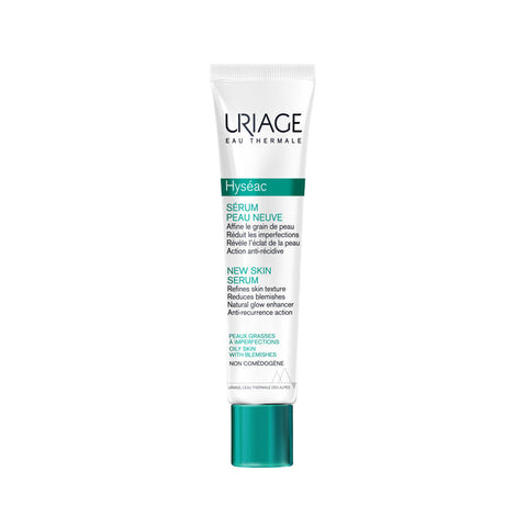 Uriage Hyseac Serum New Skin 40ml bottle, clear glass with dropper, featuring white and blue label, on a plain background.