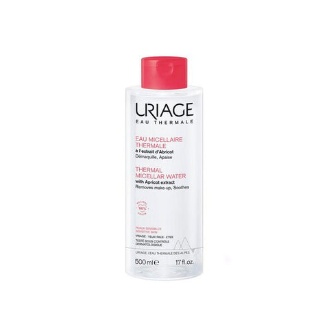 Uriage Eau Micellaire Pns 500ml bottle, gentle cleansing water for skin, displayed in a clear, practical bottle.