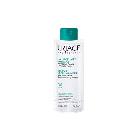 Uriage Eau Micellaire PMG 500ml bottle, skincare product by Jag Couture London - New York, with clear label and pump dispenser.