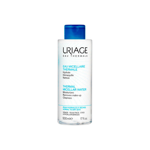 Uriage Eau Micellaire Thermal 500ml bottle, gentle facial cleanser with thermal water, shown in a clear plastic bottle