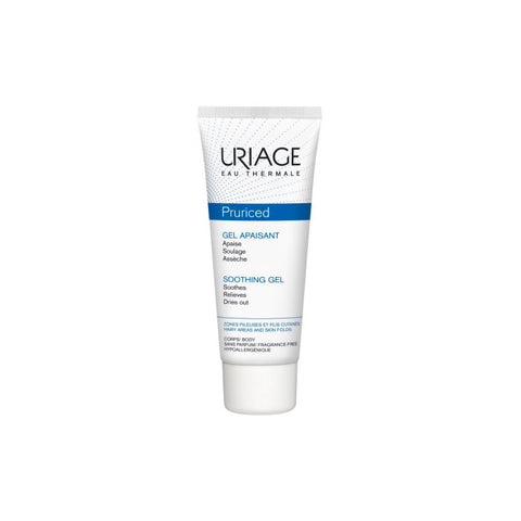 Uriage Pruriced Fresh Soothing Gel 100ml from Jag Couture London features clear gel in a white bottle with blue accents.