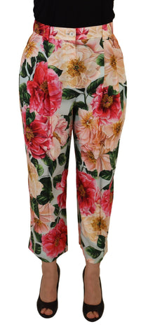 Multicolor flora printed high waist cropped trouser pants by Dolce & Gabbana, featuring vibrant floral patterns and tailored fit.