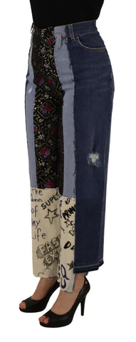 Multicolor patchwork wide-leg denim pants by Dolce & Gabbana, featuring vibrant multicolor patchwork design and classic denim texture.