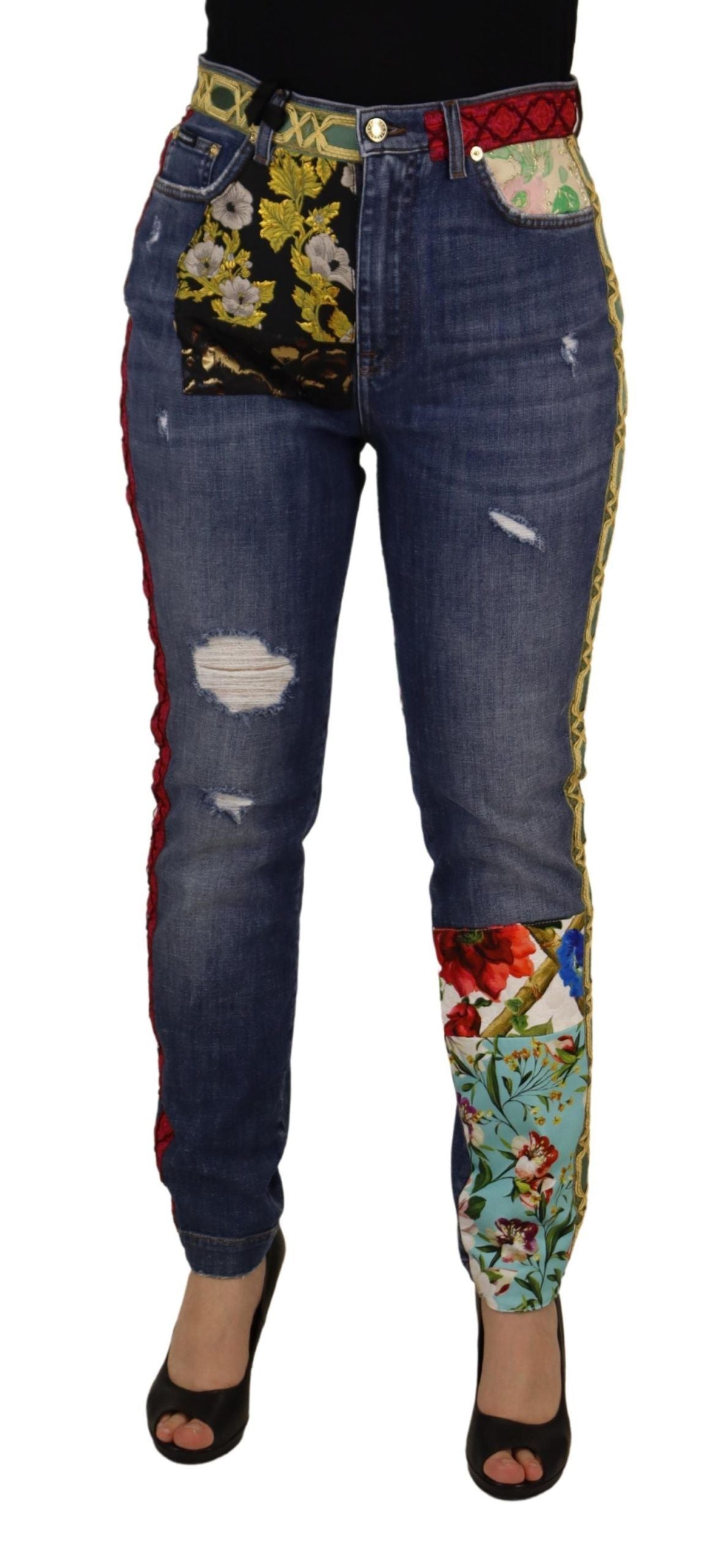 Blue patchwork high waist denim jeans by Dolce & Gabbana, featuring a stylish high-rise fit and colorful patchwork design.