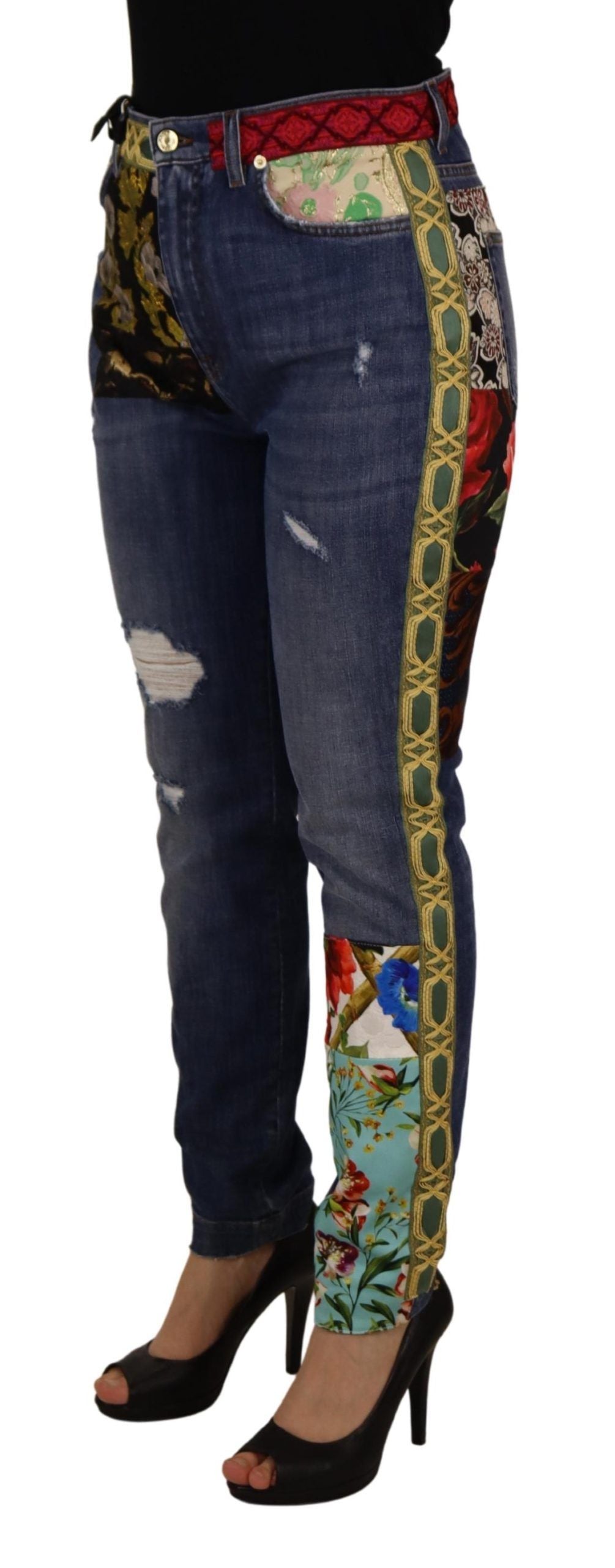Blue patchwork high waist denim jeans by Dolce & Gabbana, showing detailed stitching and stylish fit.