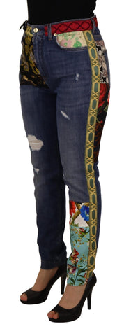 Blue patchwork high waist denim jeans by Dolce & Gabbana, showing detailed stitching and stylish fit.