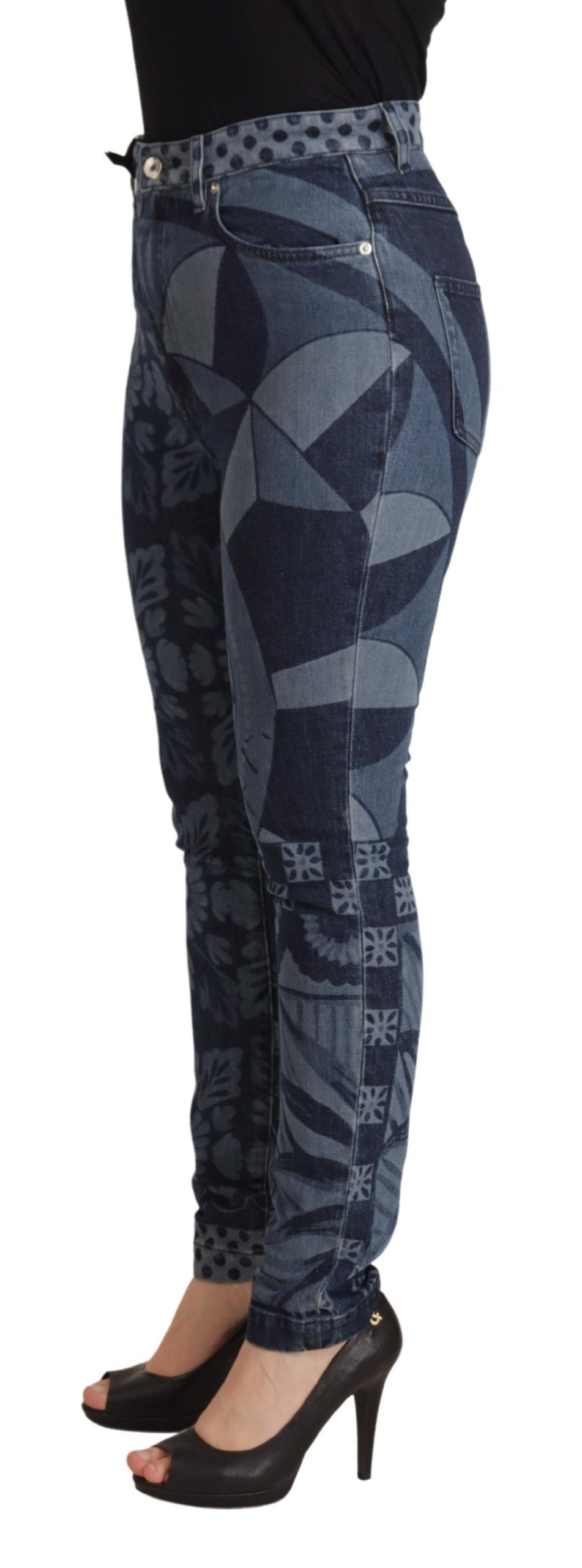 Blue floral high waist skinny denim jeans by Dolce & Gabbana, showing detailed floral print and fitted high-rise style.