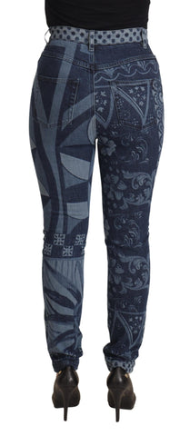 Blue floral high waist skinny denim jeans by Dolce & Gabbana, showcasing detailed floral embroidery and fitted silhouette.