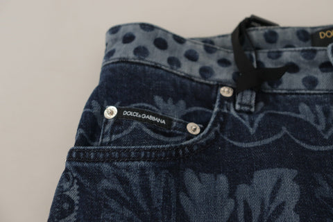 Blue floral high waist skinny denim jeans by Dolce & Gabbana, featuring a fitted silhouette and floral print design.