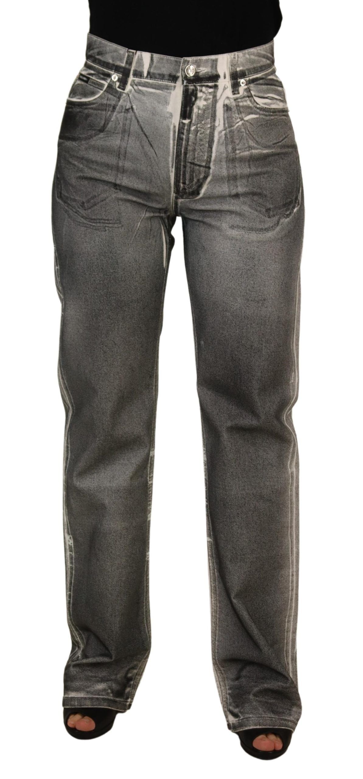 Grey washed high waist denim jeans by Dolce & Gabbana, showcasing the cotton fabric and classic five-pocket design.