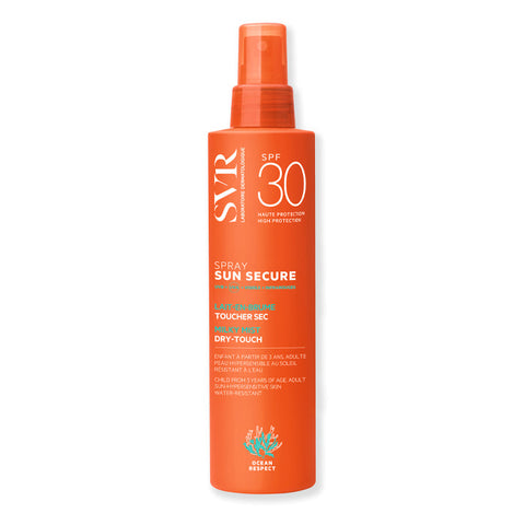 Jag Couture London Sunsecure SPF30 spray bottle, 200ml, with sun protection label and spray nozzle for skincare.