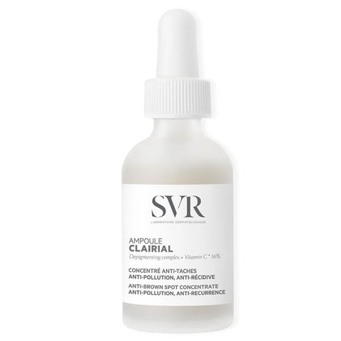SVR Clairial Ampoule 30ml, clear glass bottle with dropper, skincare product for brightening and skin clarity.
