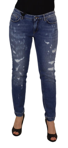 Blue washed cotton skinny low waist denim jeans by Dolce & Gabbana, shown with a close-up of the fitted design and classic denim texture.