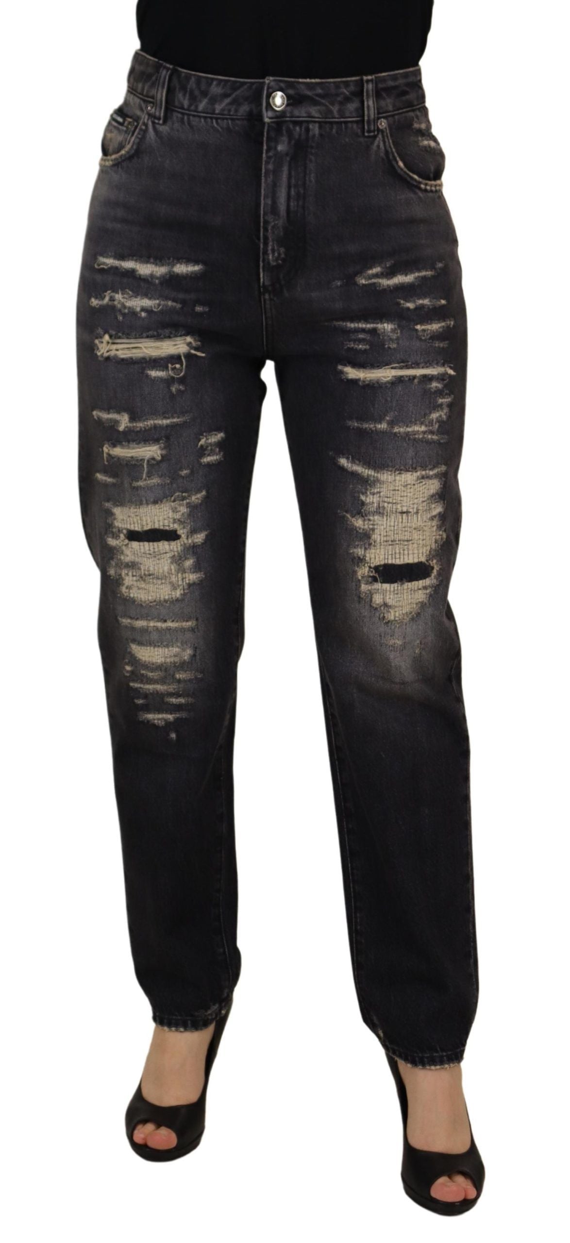 Black washed tattered high waist denim jeans by Dolce & Gabbana, shown with distressed details and a high-rise fit.