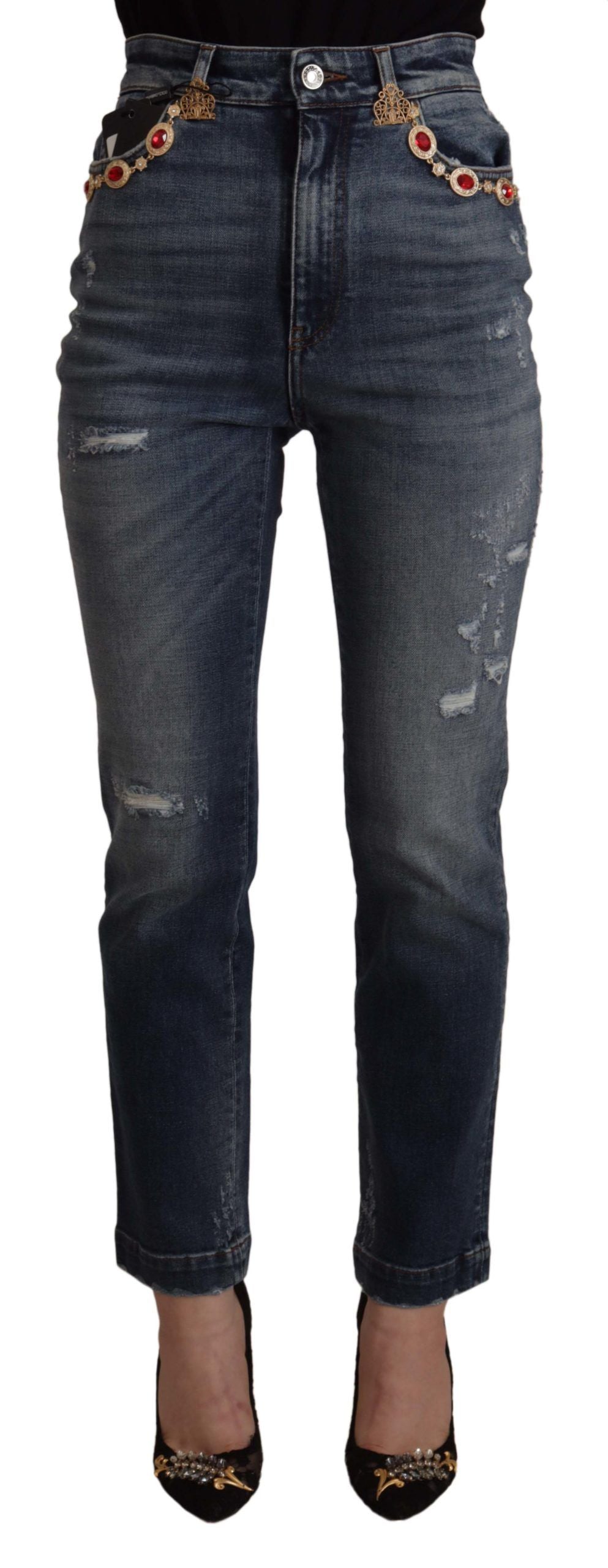 Blue denim pants with crystal embellishments from Dolce & Gabbana, featuring a fitted style and classic jean details.