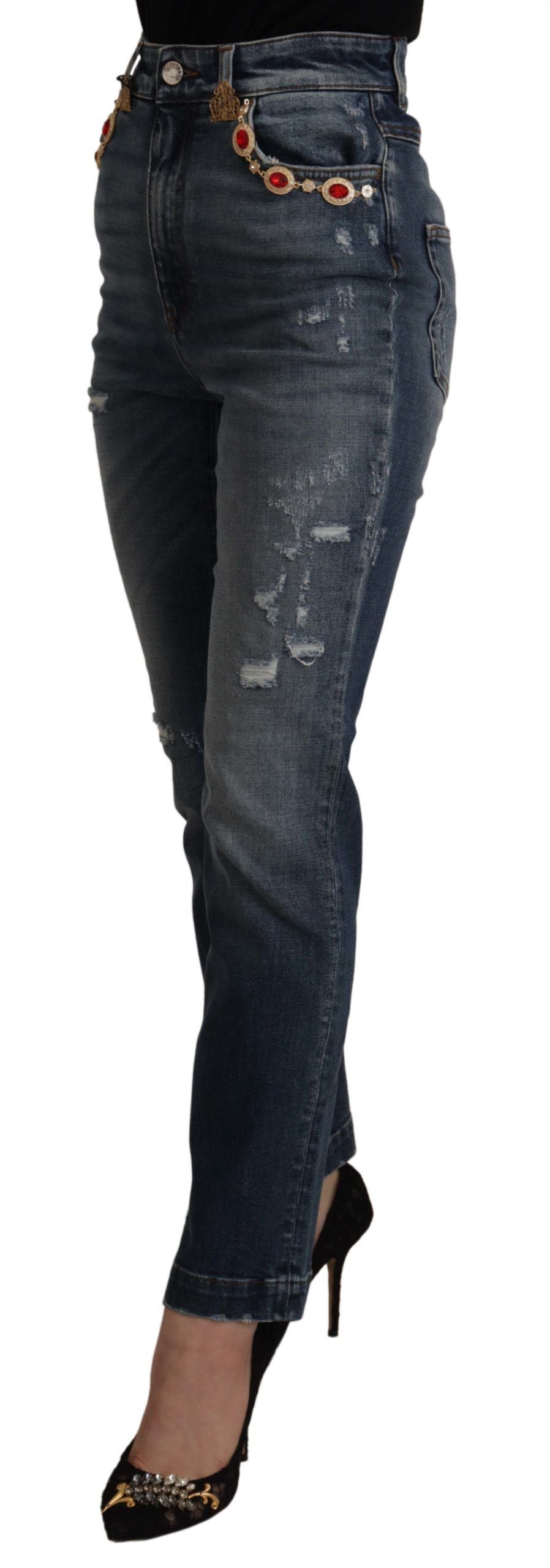 Blue denim crystal-embellished pants jeans by Dolce & Gabbana, featuring intricate crystal details and a classic denim fit.