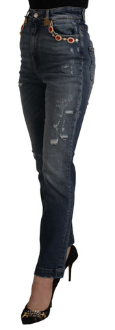 Blue denim crystal-embellished pants jeans by Dolce & Gabbana, featuring intricate crystal details and a classic denim fit.