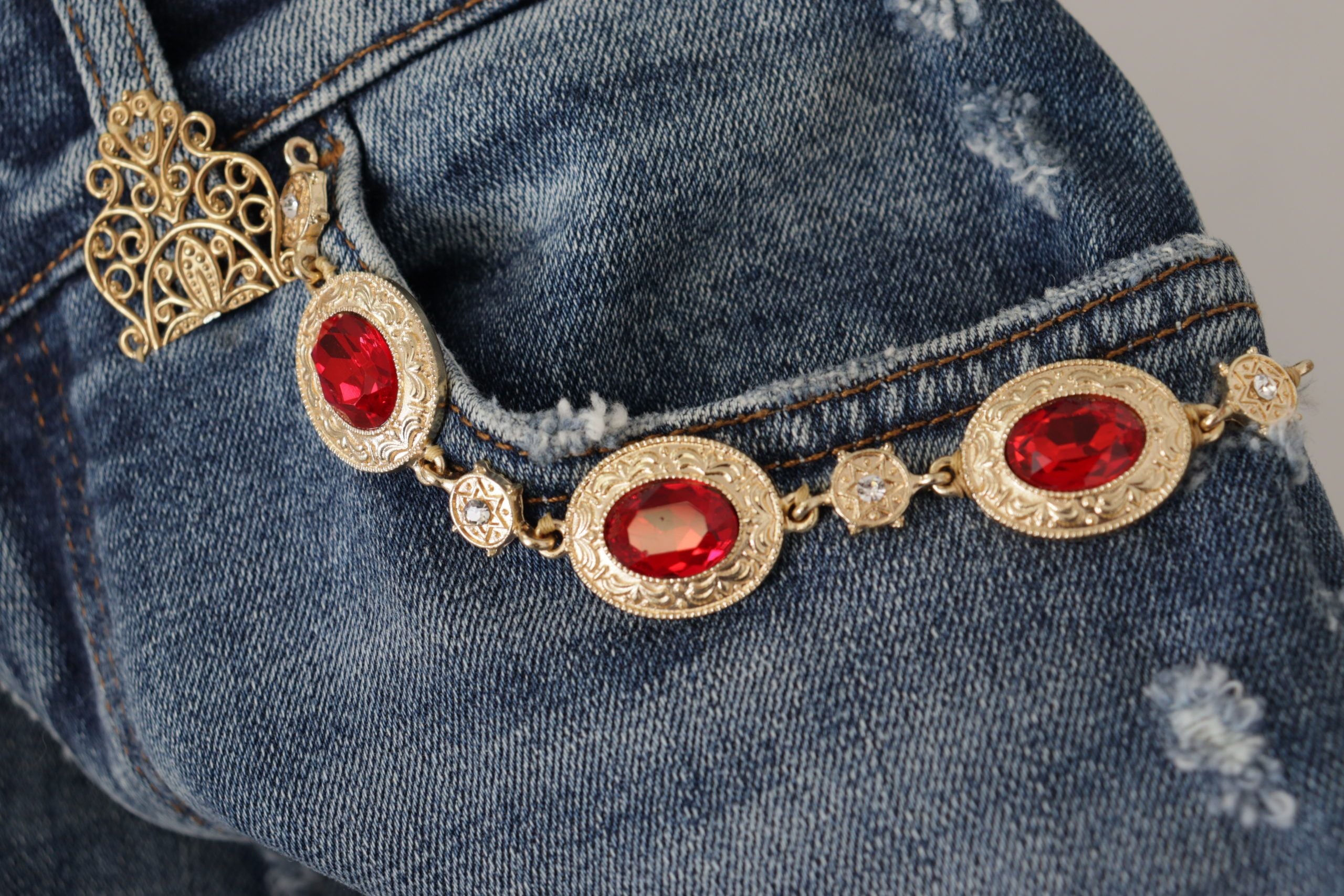 Blue denim jeans with crystal embellishments, Dolce & Gabbana pants, stylish and decorative denim pants for women