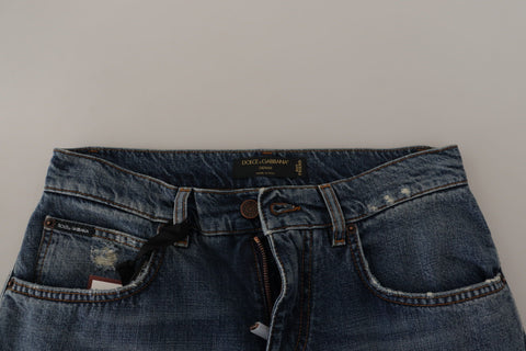 Blue denim jeans with Baroque heart logo patch from Dolce & Gabbana, stylish casual pants with embroidered details.