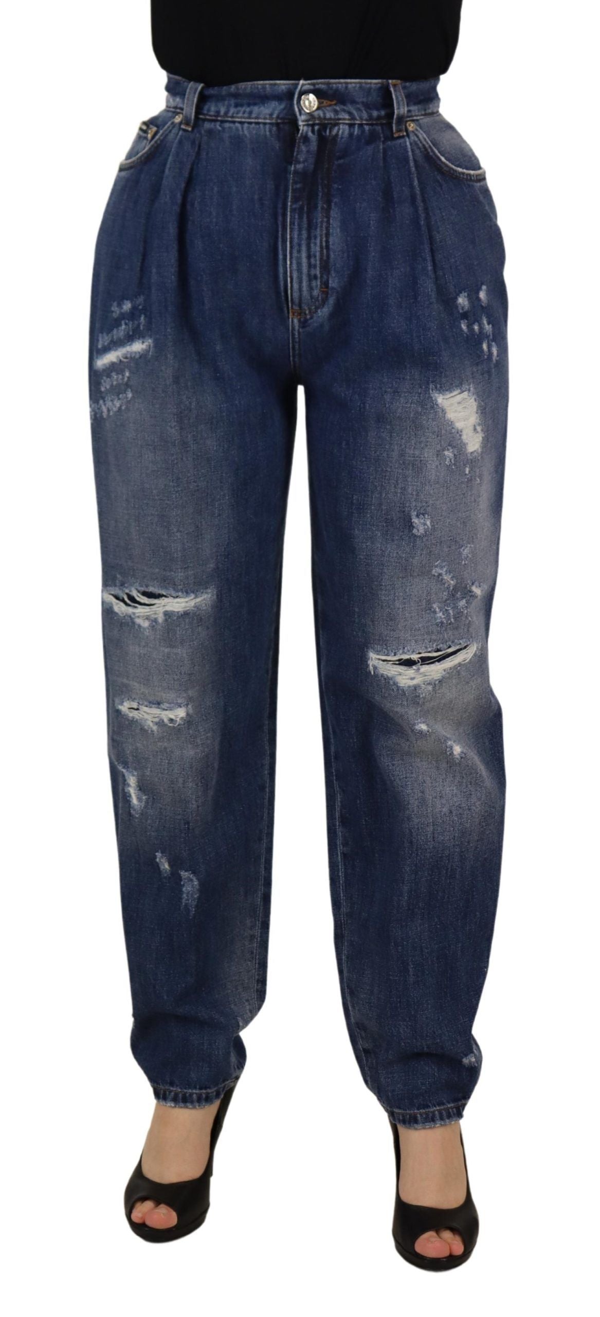 Blue washed high waist loose fit pants by Dolce & Gabbana, showing the relaxed fit and denim texture.