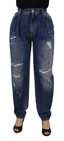 Blue washed high waist loose fit pants by Dolce & Gabbana, showing the relaxed fit and denim texture.