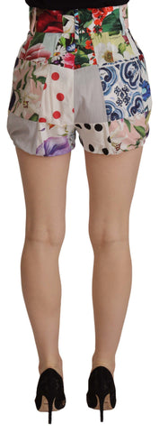 Multicolor patchwork high waist cotton shorts by Dolce & Gabbana, featuring vibrant fabric and tailored fit.