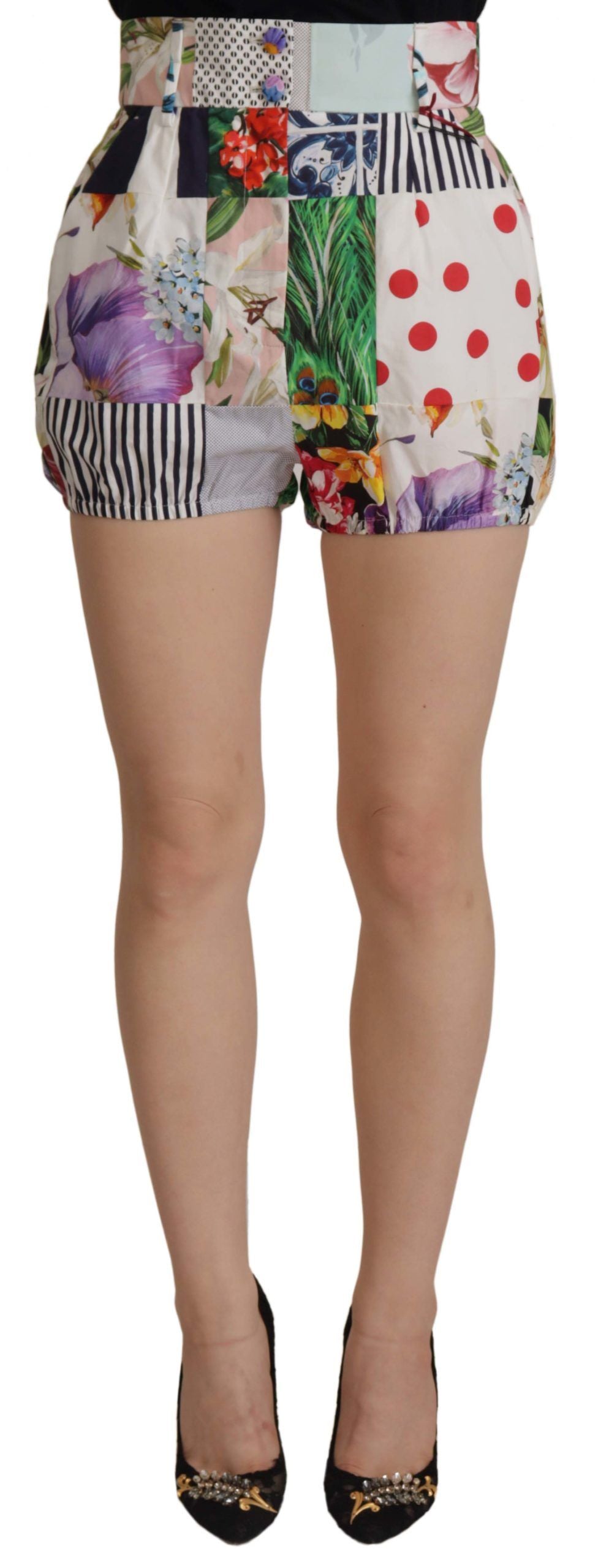 Multicolor patchwork high waist cotton shorts by Dolce & Gabbana, featuring vibrant fabric and stylish design.