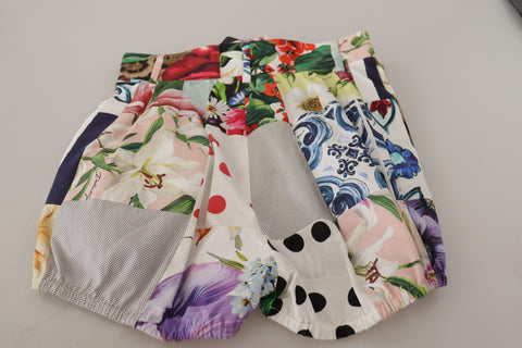 Multicolor patchwork high waist cotton shorts by Dolce & Gabbana, featuring vibrant fabric panels and a stylish fit.