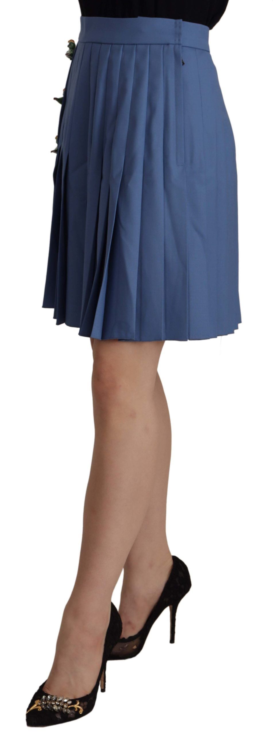 Blue embellished pleated mini wool skirt by Dolce & Gabbana, featuring detailed embellishments and a stylish pleated design.