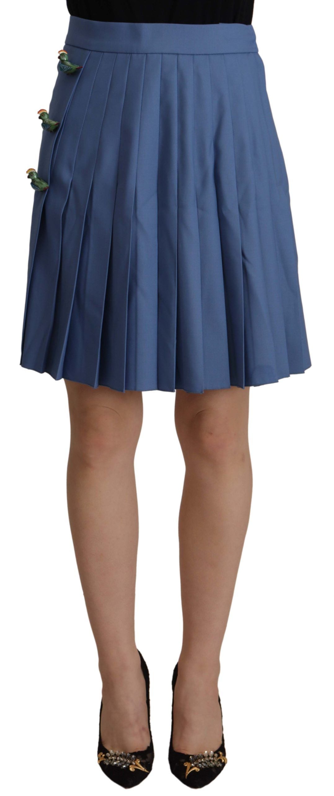 Blue embellished pleated wool mini skirt by Dolce & Gabbana, featuring intricate embellishments and a classic pleated design.