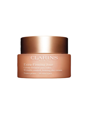 Jar of Clarins Extra Firming Day Cream for all skin types, 50ml, with a smooth, creamy texture and elegant packaging.