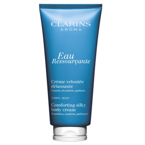 Jag Couture London Eau Ressourçante Clarins body cream in a 200ml jar, featuring a soothing, silky texture for comforting skin.