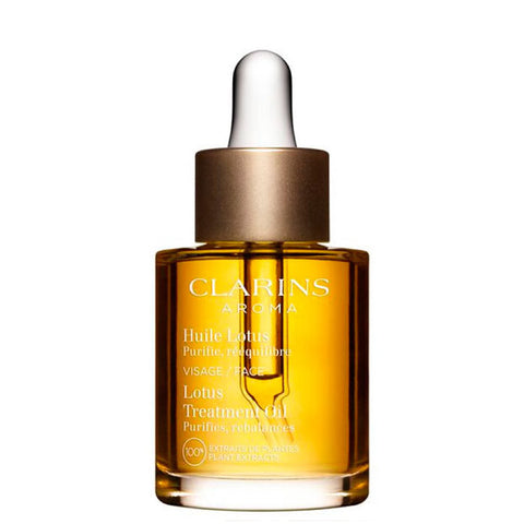 Clarins Lotus Treatment Oil for oily-combination skin in a 30ml bottle, shown in a sleek dropper packaging.