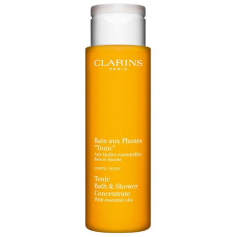 Clarins Tonic Bath and Shower Concentrate in 200ml bottle, with natural ingredients and invigorating scent, designed for refreshing skin.