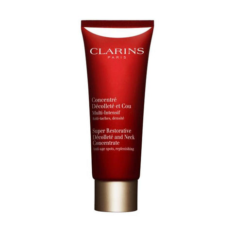 Clarins Super Restorative Décolleté and Neck Concentrate 75ml bottle against a neutral background, highlighting the skincare product.