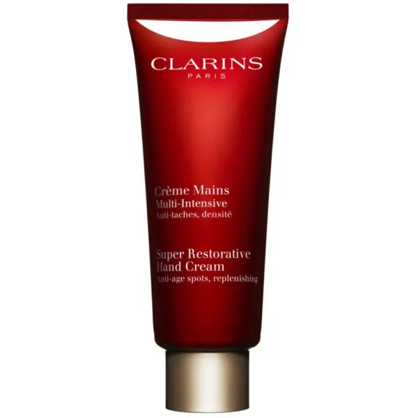 Jag Couture London New York Clarins Super Restorative Age-Control Hand Cream 100ml tube showing the product and branding.
