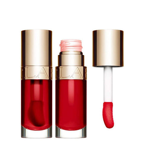 Clarins Lip Comfort Oil in shade 03 Cherry, featuring a 7ml tube with the glossy, nourishing lip oil formula.