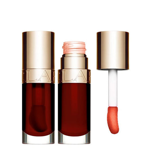 Clarins Lip Comfort Oil in shade 09 Chocolate, 7ml, featuring a glossy lip oil with a rich chocolate hue and sleek packaging.