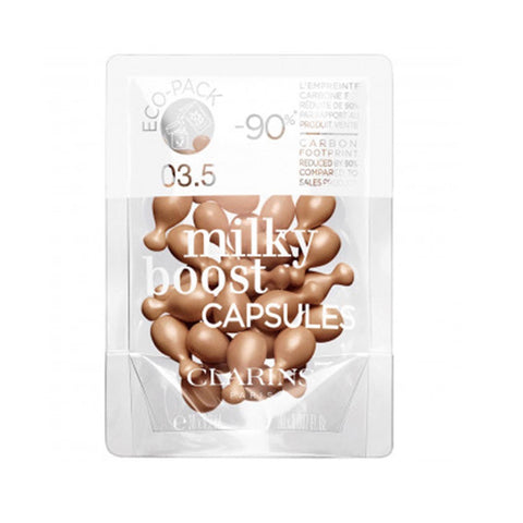 Clarins Milky Boost capsule skincare refill pack showing 36 capsules for nourishing skin, by Jag Couture London - New York.
