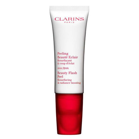 Clarins Beauty Flash Peel 50ml tube, skincare product with sleek packaging, designed for brightening and revitalizing skin.