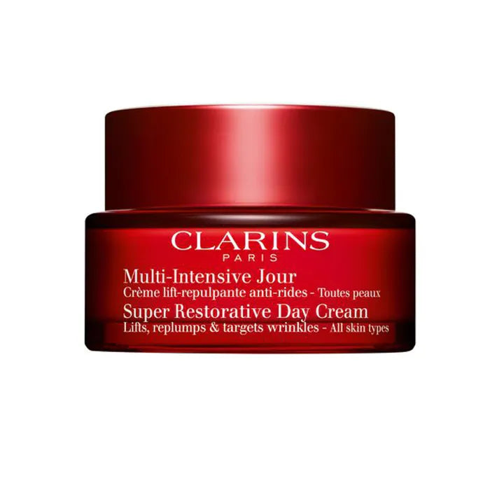 Jag Couture London New York Clarins Super Restorative Day Cream for all skin types, 50ml jar with cream inside.