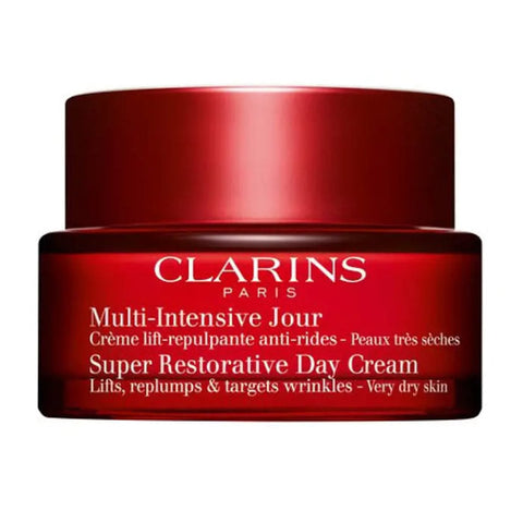 Jar of Clarins Super Restorative Day Cream for very dry skin, 50ml, from Jag Couture London New York, with a smooth, creamy texture.