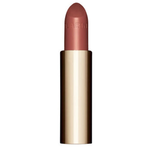 Clarins Joli Rouge Satin lipstick in shade 757 Nude Brick, refill 3.5g, shown with sleek packaging and vibrant color.