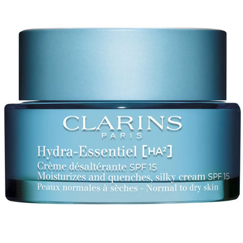 Jag Couture London NY Clarins Hydra-Essentiel Silky Cream SPF15 in 50ml jar, showcasing smooth, hydrating skincare with sun protection.